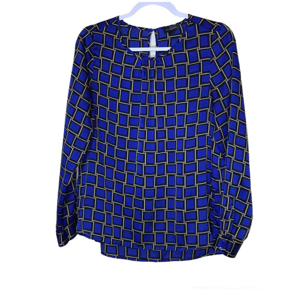The Limited Womens Blouse Size M Blue Gold Geometric Print Keyhole Long Sleeve